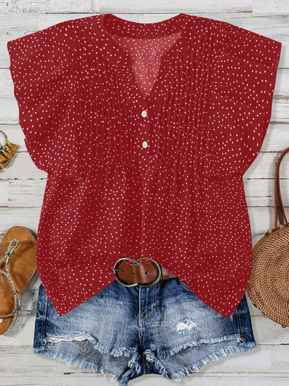 Princess sleeve V-neck polka dot loose button pleated top