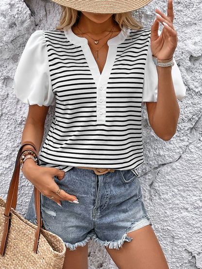 Puff Sleeve Small Stand Collar Casual Striped T-shirt