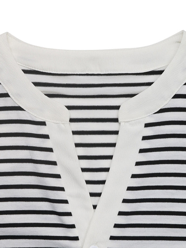 Puff Sleeve Small Stand Collar Casual Striped T-shirt