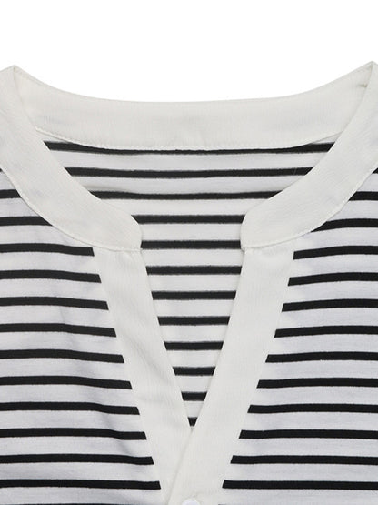 Puff Sleeve Small Stand Collar Casual Striped T-shirt