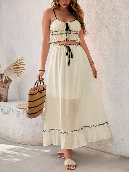 New casual seaside holiday suit bow lace sling two-piece set