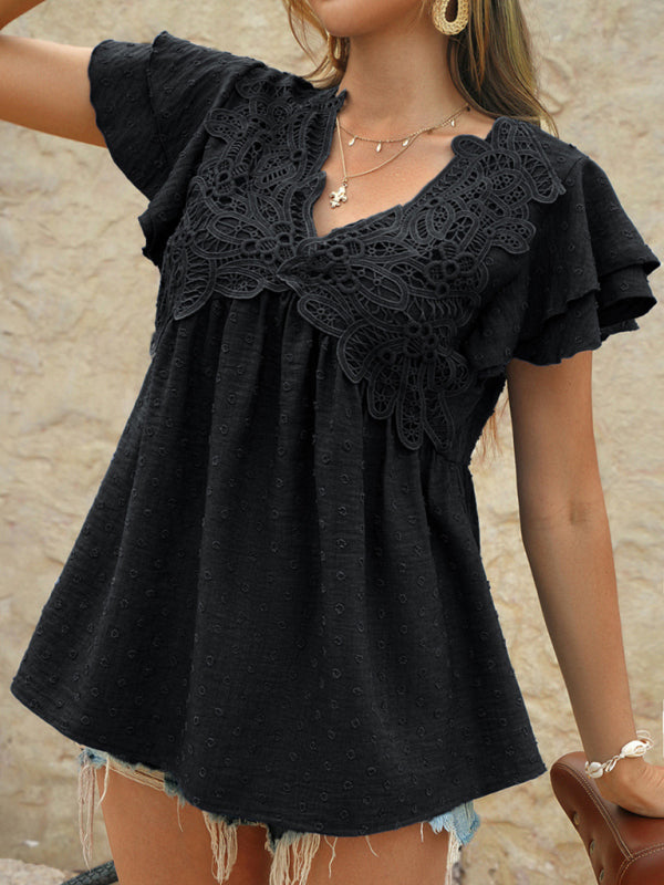 Casual loose holiday style jacquard polka dot v-neck short-sleeved top