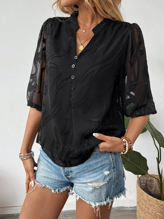 Sexy and elegant lace stitching stand collar puff sleeve solid color shirt