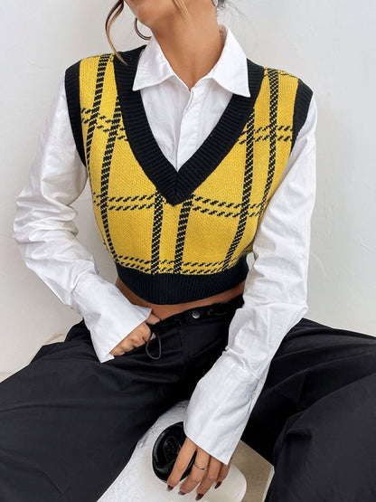 V-neck woolen checked vest