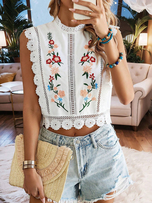 Lace embroidered plant round neck sleeveless hollow chiffon shirt