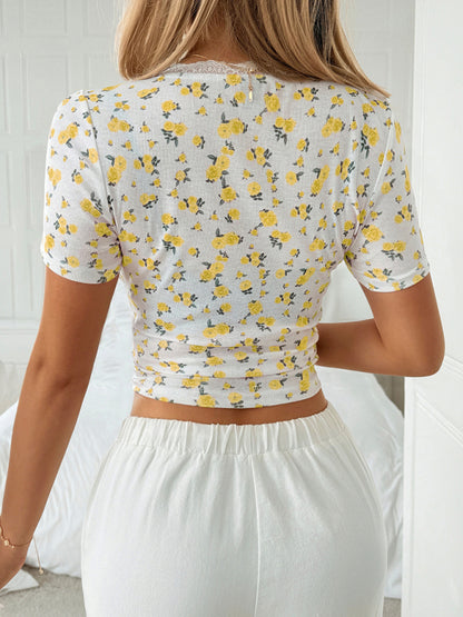 Y2K Hot Girl Style Yellow Floral Lace Short Sleeve T-Shirt