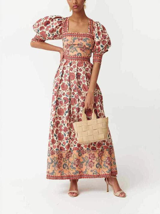 Casual Print Top Square Neck Skirt Two-Piece Set