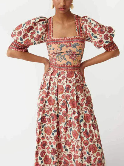 Casual Print Top Square Neck Skirt Two-Piece Set
