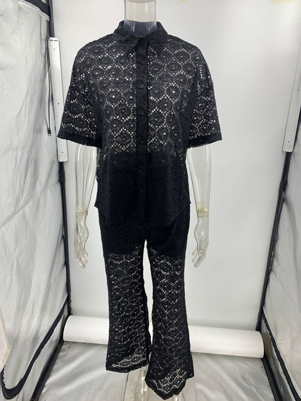 New Fashion Lapel Hollow Lace Short Sleeve Top Trousers Set