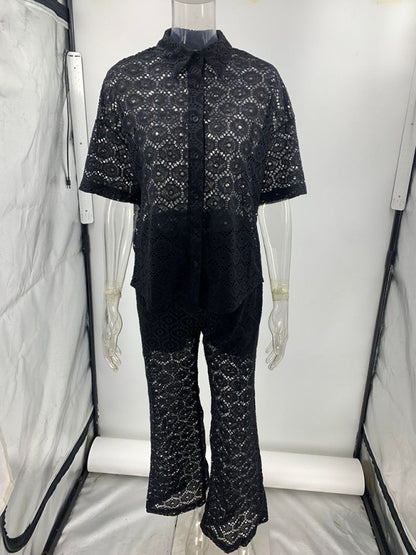 New Fashion Lapel Hollow Lace Short Sleeve Top Trousers Set