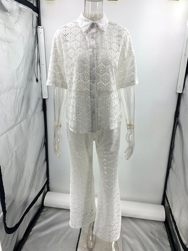 New Fashion Lapel Hollow Lace Short Sleeve Top Trousers Set