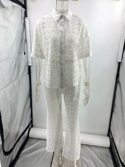 New Fashion Lapel Hollow Lace Short Sleeve Top Trousers Set