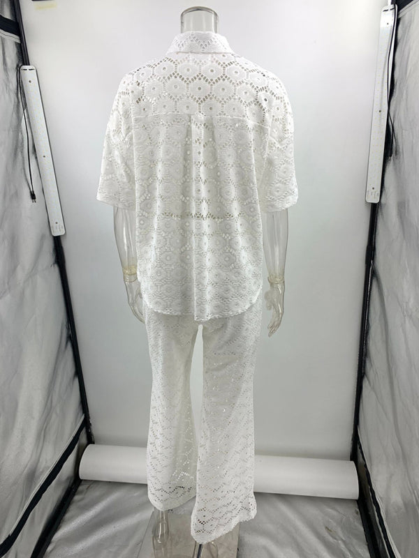 New Fashion Lapel Hollow Lace Short Sleeve Top Trousers Set