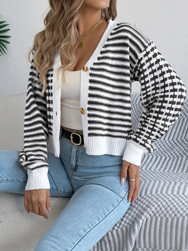 Contrast Stripe Lantern Long Sleeve Cardigan Sweater