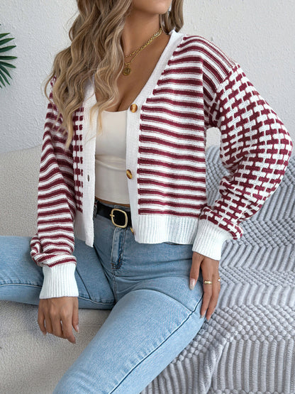 Contrast Stripe Lantern Long Sleeve Cardigan Sweater
