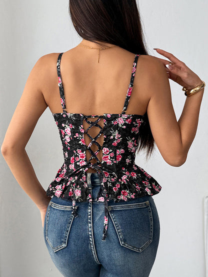 Black floral irregular ruffled light sexy backless lace-up top