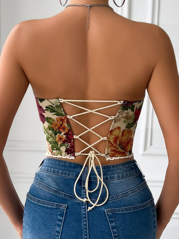 Street retro flower print chest wrap lace lace French niche fishbone small vest