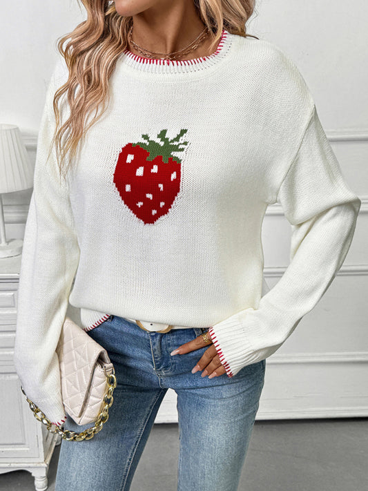 Strawberry Jacquard Sweater Crew Neck Stitched Pullover