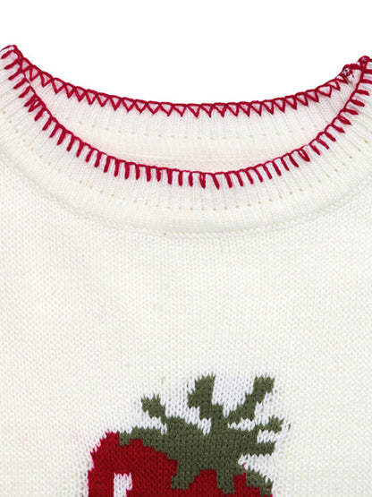 Strawberry Jacquard Sweater Crew Neck Stitched Pullover