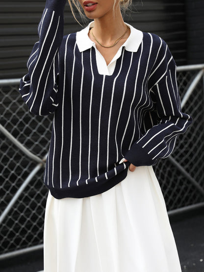 College Casual Street Fashion Style Lapel Striped Sweater for Women