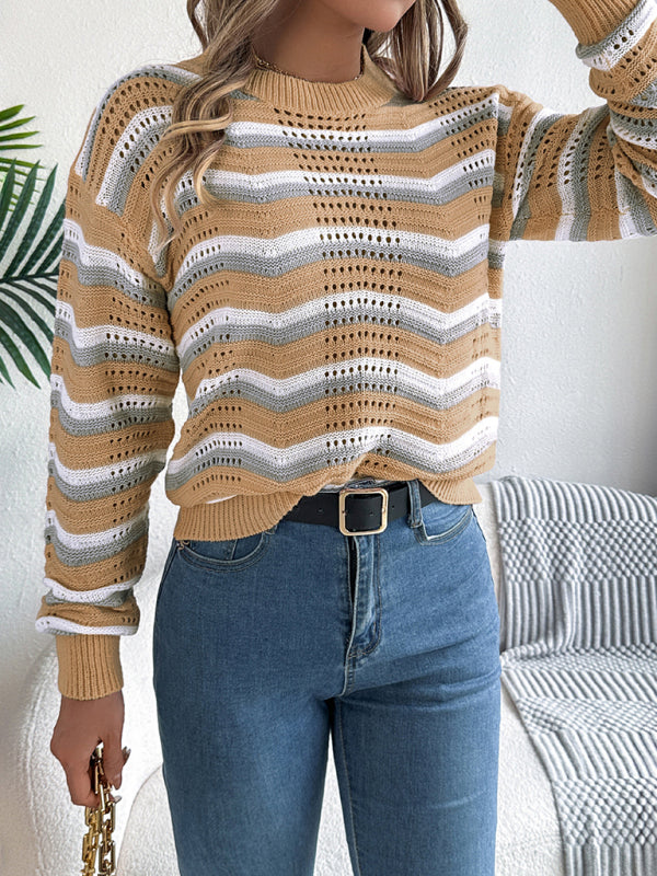 Casual hollow color block striped lantern long sleeve pullover sweater