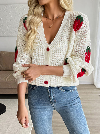 New Casual Cardigan Strawberry Jacquard Knitted Sweater